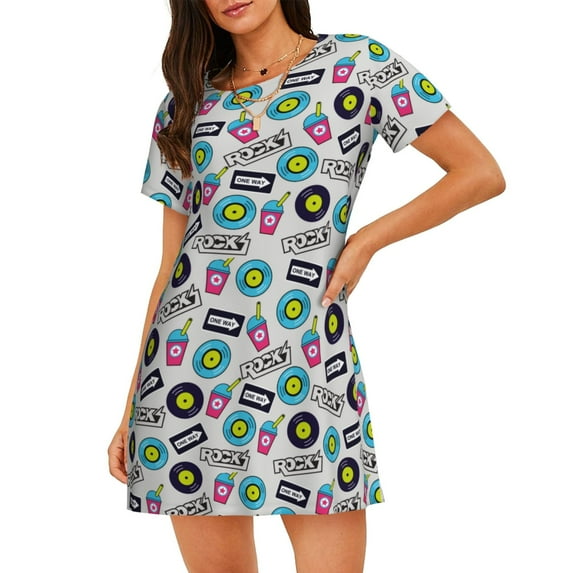 Rateoe American Musical Print Women’s Nightdress – Cozy Cotton Short-sleeved Sleep Shirt, Loose-Fit Sleepwear, Perfect for Relaxing and Sleeping