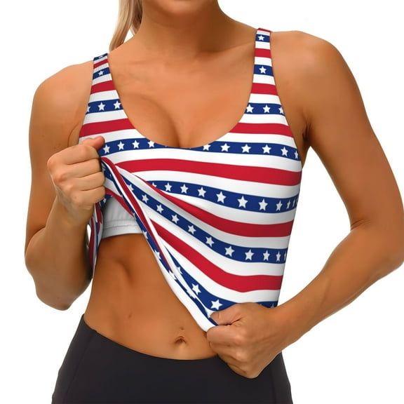 Rateoe American Patriotic Stars And Stripes Print Womens' Sports Bras Scoop Neck Sports Vest- Padded U Back Seamless High Impact Support