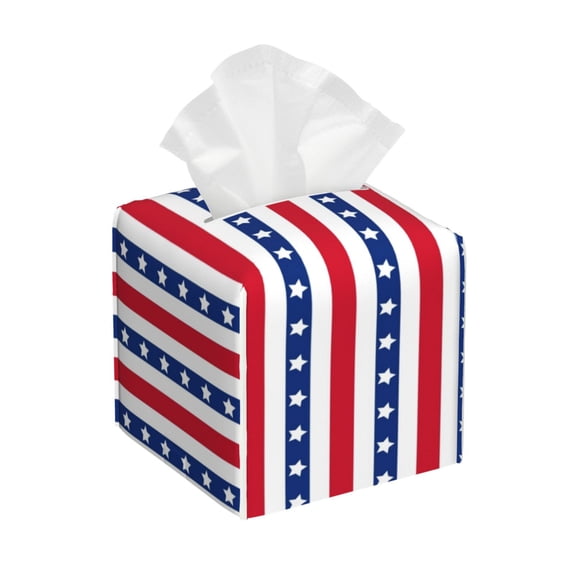 Rateoe American Patriotic Stars And Stripes Pattern Tissue Box Cover, Modern Square Decorative Leather Facial Paper Case Organizer Holder Dispenser 5X5X5''