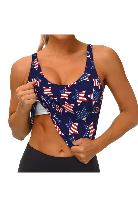 American Stars Print Womens' Sports Bras Scoop Neck Sports Vest- Padded U Back Seamless High Impact Support