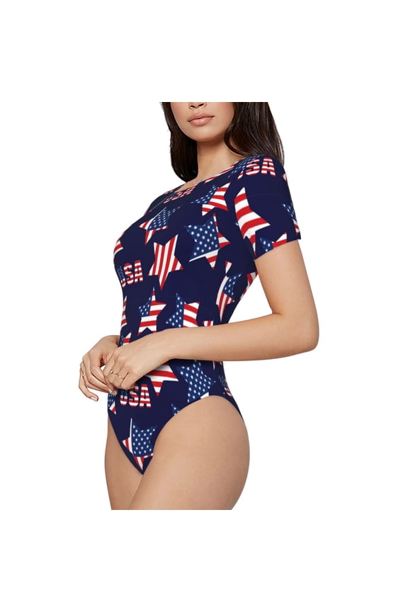 American Stars Printed Women Rash Guard Short Sleeve,Tummy control Swimsuit Surfing Swimsuit Bathing Suit Short-sleeved Onesie UPF 50+