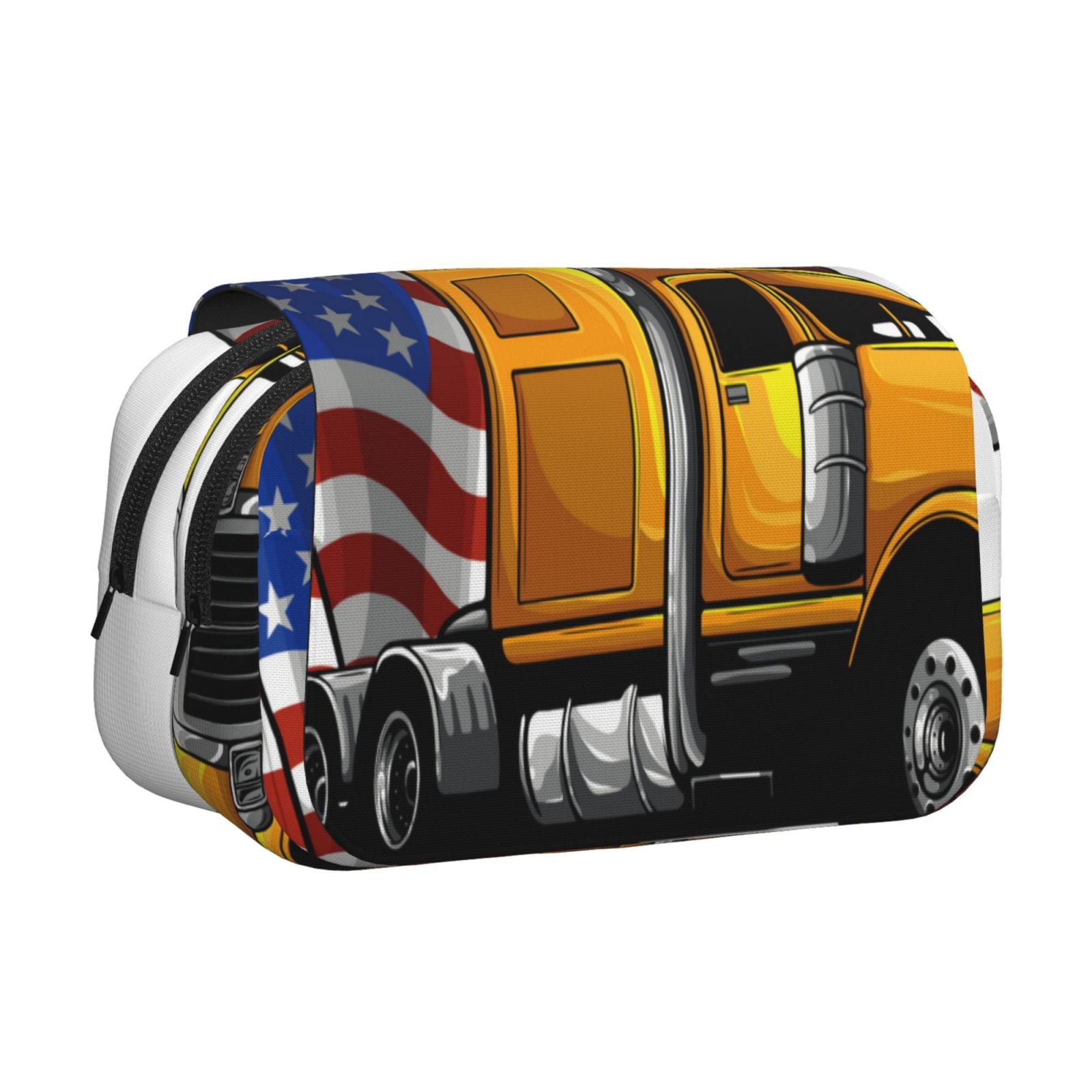 Rateoe American Truck Pattern Double Clamshell Pen Case, Storage Organizer with Two Zipper Compartments– Holds Up to 50 Pencils & Pens