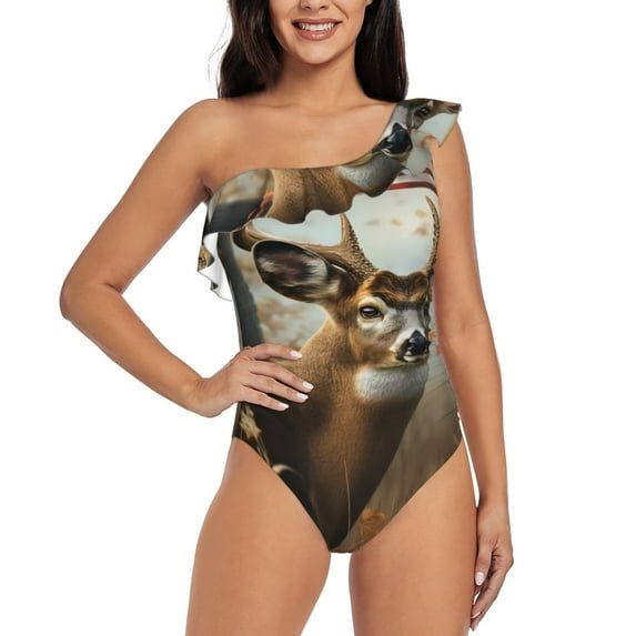 Rateoe American Wildlife Deer Forest Pattern Women One Piece Swimsuits Tummy Control One Shoulder Bathing Suits Ruffle Swimwear-Large