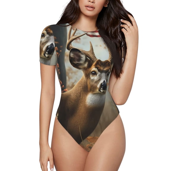 Rateoe American Wildlife Deer Forest Printed Women Rash Guard Short Sleeve,Tummy control Swimsuit Surfing Swimsuit Bathing Suit Short-sleeved Onesie UPF 50+ -