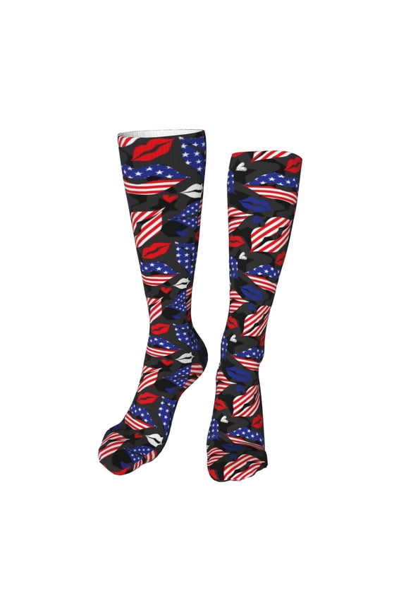 American With Lips print Women's Men's Novelty 20in Crew Socks Cotton Socks Knee High Socks for Walking,Running,Nurses,Pregnancy-One Size