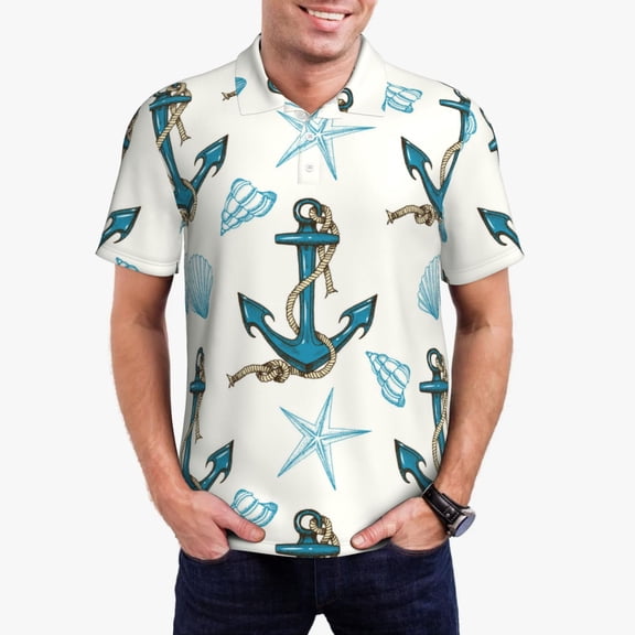 Rateoe Anchors And Shells Pattern Men's Short Sleeve Polo Shirts, Golf Polo Shirts Short Sleeve Performance Moisture Wicking Dry-Medium