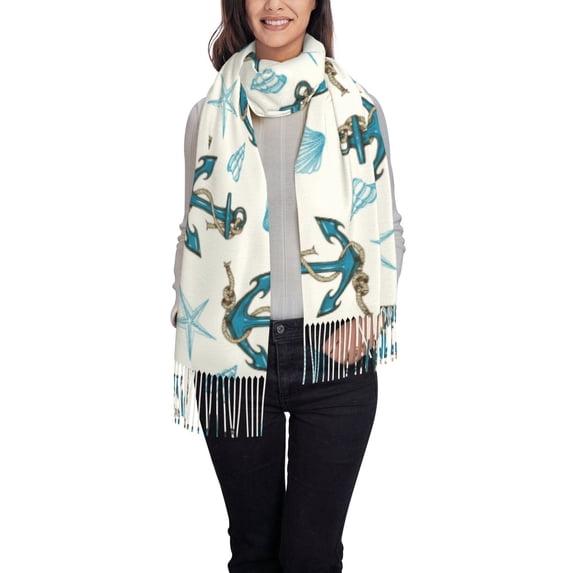 Rateoe Anchors And Shells Women's Traditional Scarf Wrap Tassel Shawl Fringes Neck Head Shawl Retro Scarf