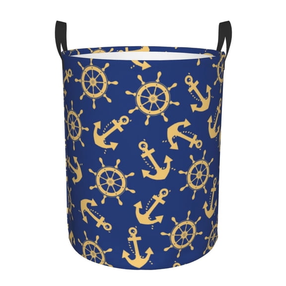 Rateoe Anchors and Nautical Pattern Round Laundry Hamper Basket, Tall Hamper Basket for Blanket Storage, Nursery Clothes Hamper for Laundry in Bedroom and College Dorm-Medium