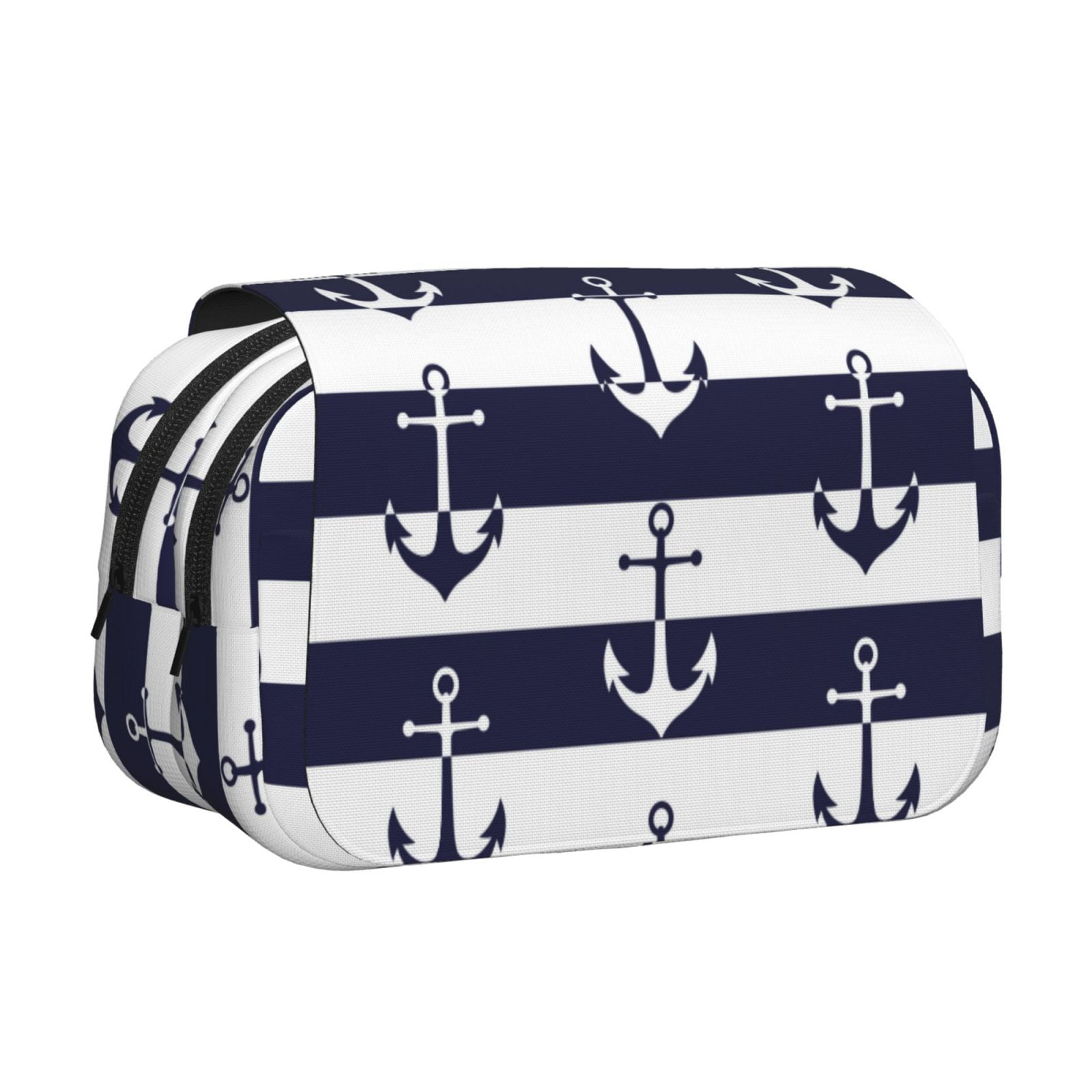 Rateoe Anchors Pattern Double Clamshell Pen Case, Storage Organizer with Two Zipper Compartments– Holds Up to 50 Pencils & Pens