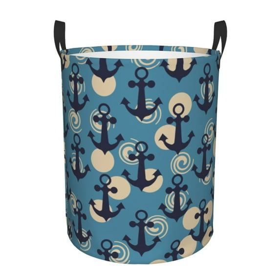Rateoe Anchors Pattern Round Laundry Hamper Basket, Tall Hamper Basket for Blanket Storage, Nursery Clothes Hamper for Laundry in Bedroom and College Dorm-Small