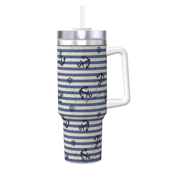 Rateoe Anchors And Steering Wheel Printed 40OZ Ice Bully With Handle - Stainless Steel Travel Cup Portable for Hot & Cold Drinks, Travel, Gym, Home, and Outdoor Activities