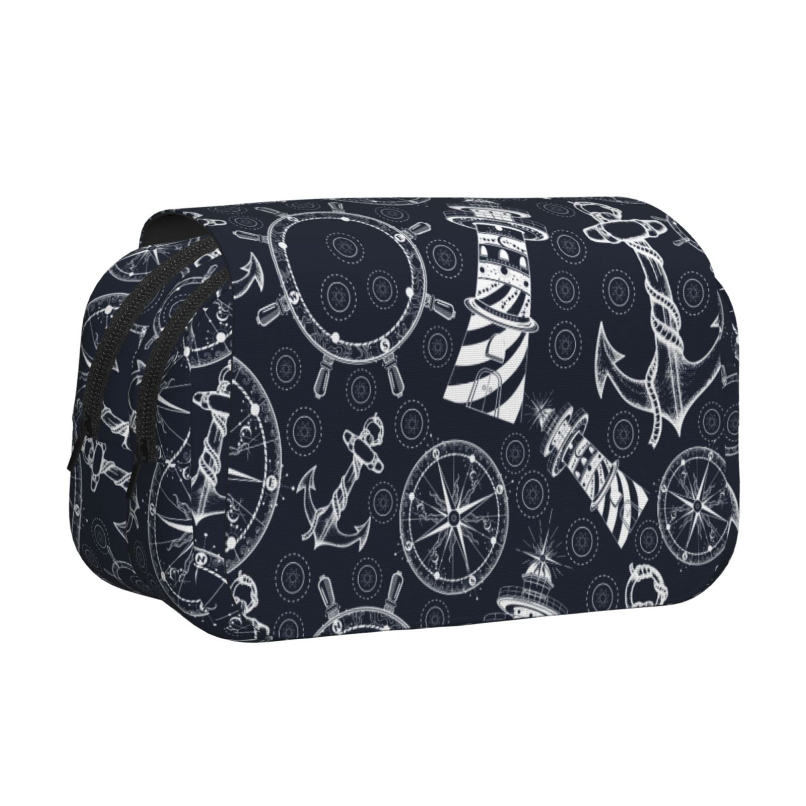 Rateoe Anchors and Lighthouse Pattern Double Clamshell Pen Case, Storage Organizer with Two Zipper Compartments– Holds Up to 50 Pencils & Pens