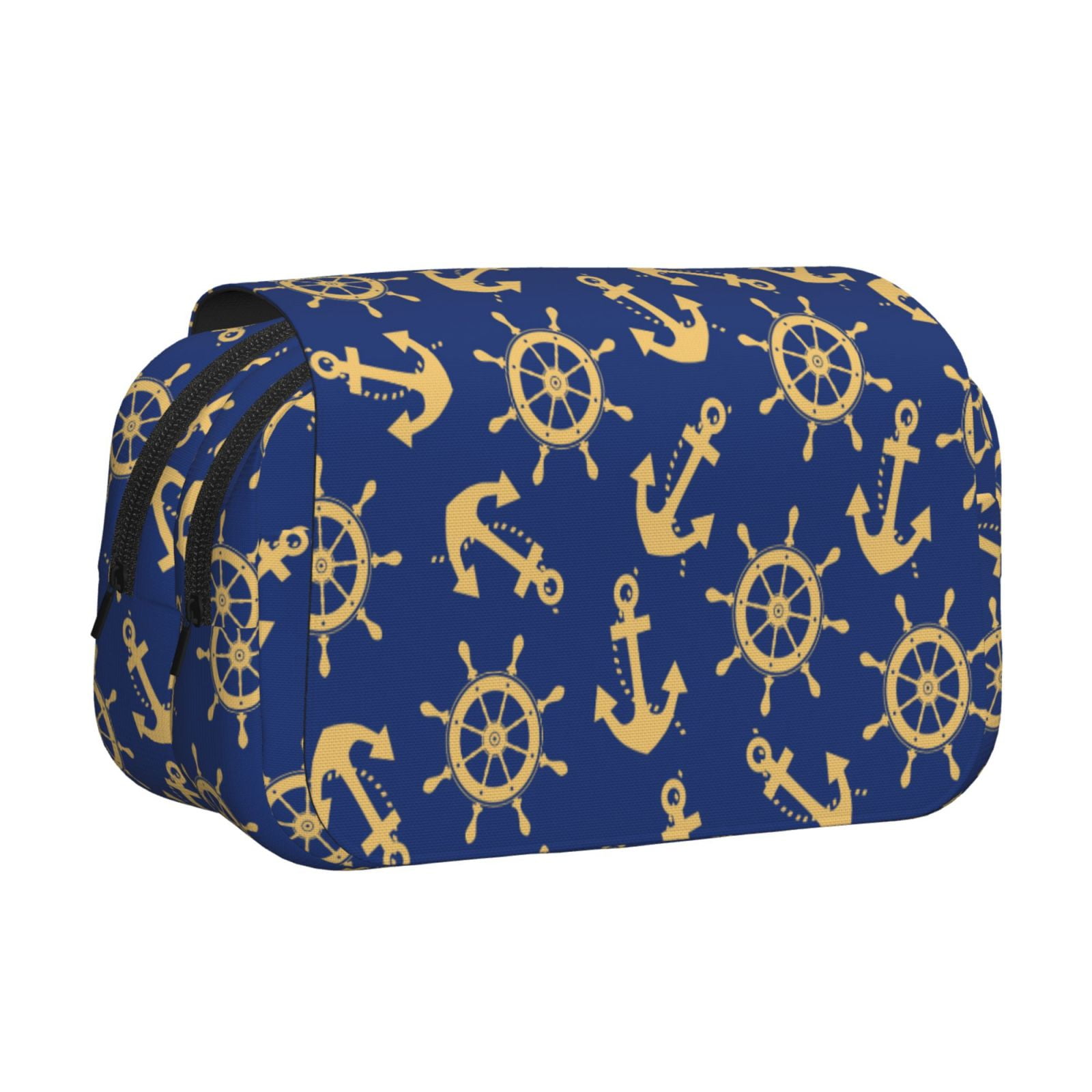 Rateoe Anchors and Nautical Pattern Double Clamshell Pen Case, Storage Organizer with Two Zipper Compartments– Holds Up to 50 Pencils & Pens