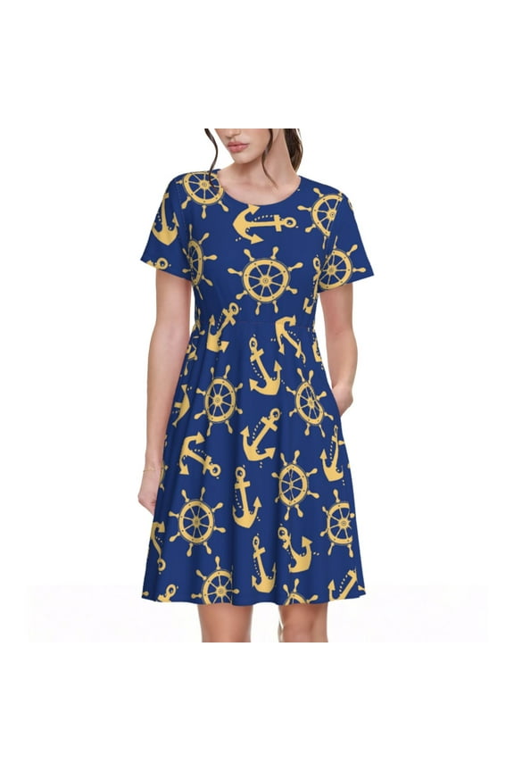 Anchors and Nautical Pattern Women’s Short Sleeve Dress – Casual Elegant Summer A-Line Dress for Everyday Wear