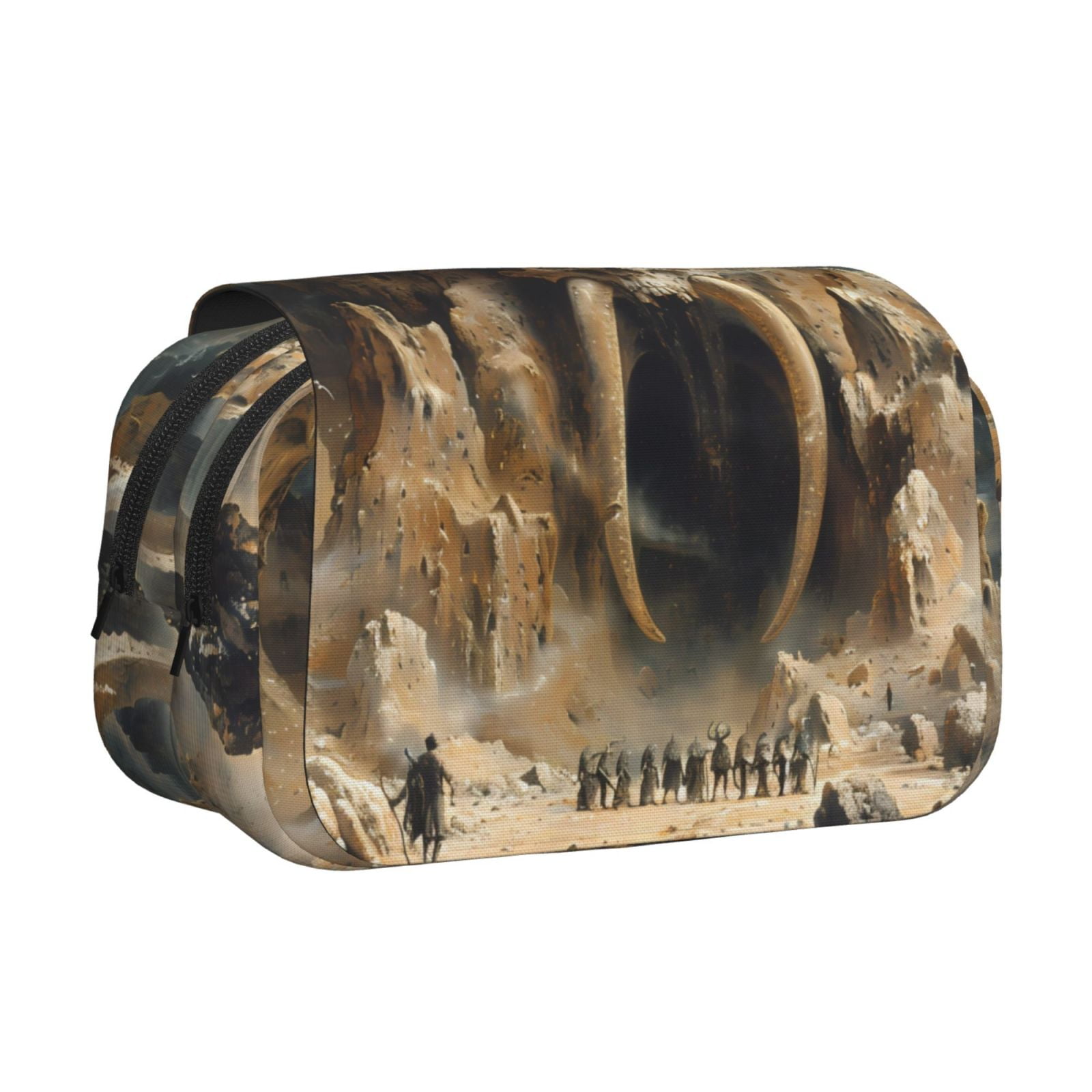 Rateoe Ancient Skull Cave Landscape Pattern Double Clamshell Pen Case, Storage Organizer with Two Zipper Compartments– Holds Up to 50 Pencils & Pens
