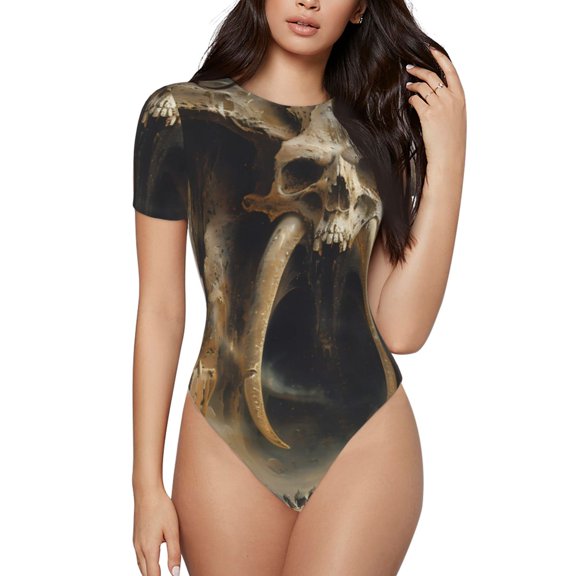 Rateoe Ancient Skull Cave Landscape Printed Women Rash Guard Short Sleeve,Tummy control Swimsuit Surfing Swimsuit Bathing Suit Short-sleeved Onesie UPF 50+ -Large