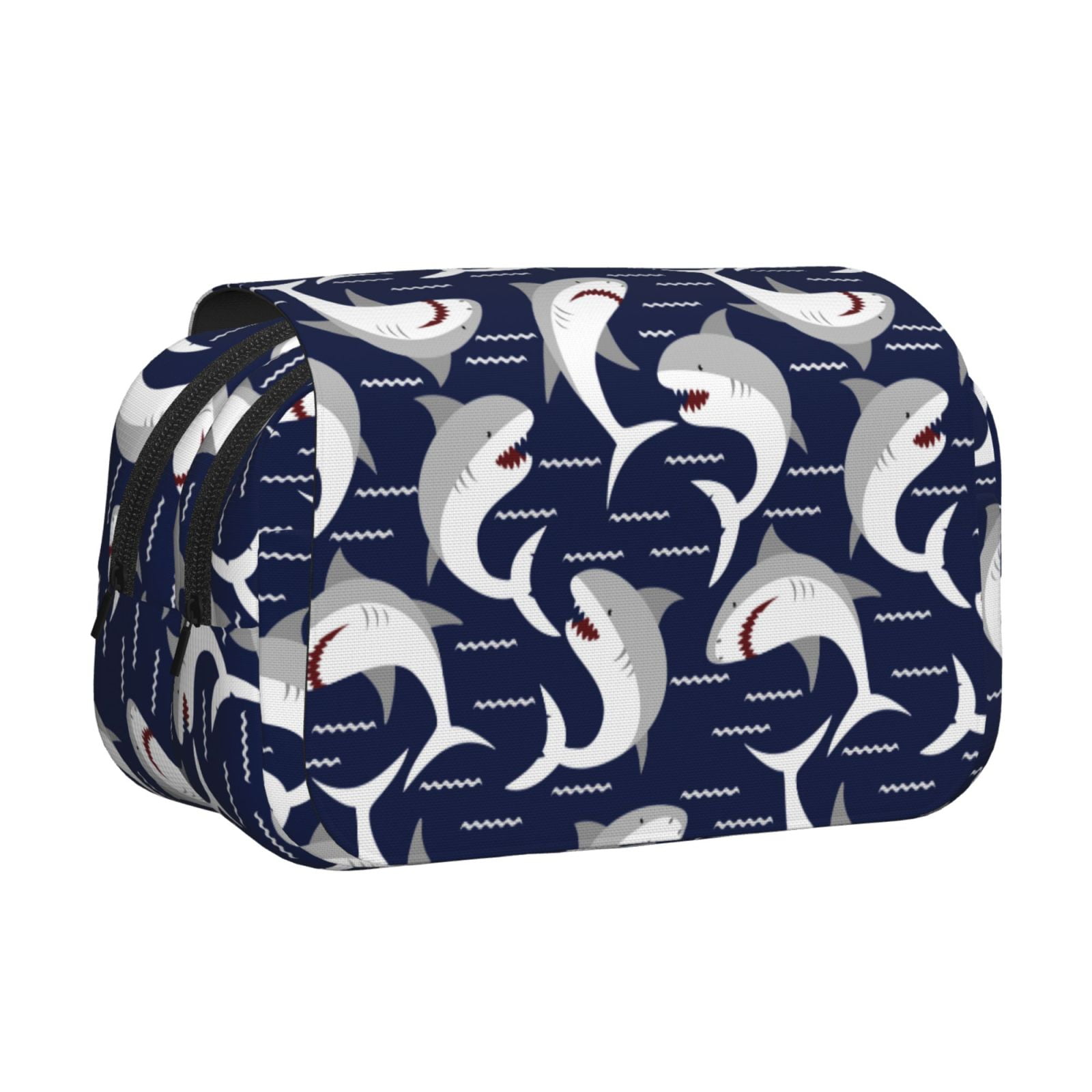 Rateoe Angry Shark Pattern Double Clamshell Pen Case, Storage Organizer with Two Zipper Compartments– Holds Up to 50 Pencils & Pens
