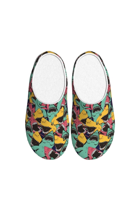 Angry Shark Pattern Print Women's Men's Cotton Knit Slippers Lightweight Memory Foam Indoor House Shoes with Anti-Skid Sole-42/43