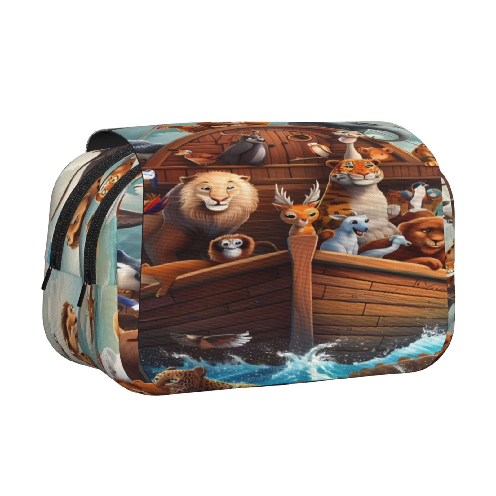 Rateoe Animal Filled Noahs Ark Pattern Double Clamshell Pen Case, Storage Organizer with Two Zipper Compartments– Holds Up to 50 Pencils & Pens