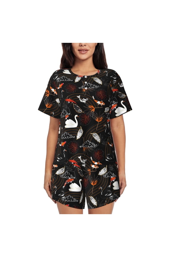 Animal Koi Fish Pattern Women's Short-Sleeved Pajama Set - 2 Piece Soft and Lightweight Sleepwear Set-Large