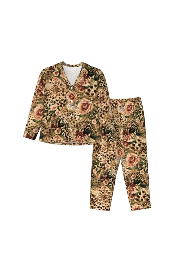 Animal Leopard Pattern Womens Pajamas Set Long Sleeve Sleepwear Button Down Nightwear Soft Cotton Pj Lounge Sets-