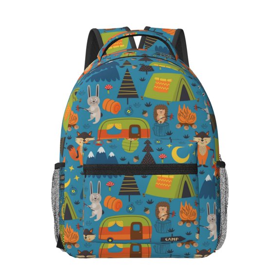 Rateoe Animals In Camping Pattern Durable Student Backpack Laptop Bag- Ergonomic Design, Waterproof Twill Fabric - Ideal for School, Travel, and Outdoor Activities