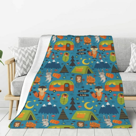Rateoe Animals In Camping Pattern Flannel Throw Blanket, Ultra-soft Blanket for Bed, Couch, Car, Hypoallergenic Anti-pilling blanket-40"x30"(Vertical)