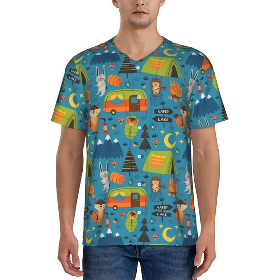 Rateoe Animals In Camping Pattern Men’s Baseball Short Sleeve Polo Shirt, Midweight Men's Shirt Golf Shirt Polo Shirts Quick Dry Short-4X-Large
