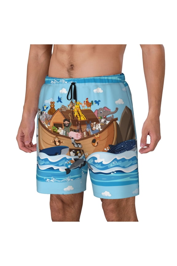 Animals on Noah's Ark Floating Pattern Men’s Swim Shorts with Compression Liner – Double-Layered Quick-Dry Swimwear, Comfortable & Stretchy Beach Shorts-Small