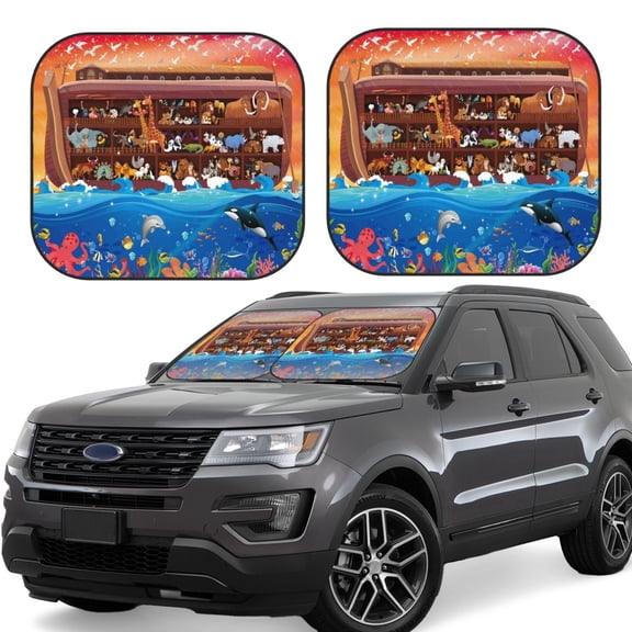 Rateoe Animals On Noah's Ark2 Pattern 2 Piece Car Windshield Sun Shade Foldable | Front Windshield Shade for Sun, Heat and UV Rays | Sunshade for Car Front Window-Large