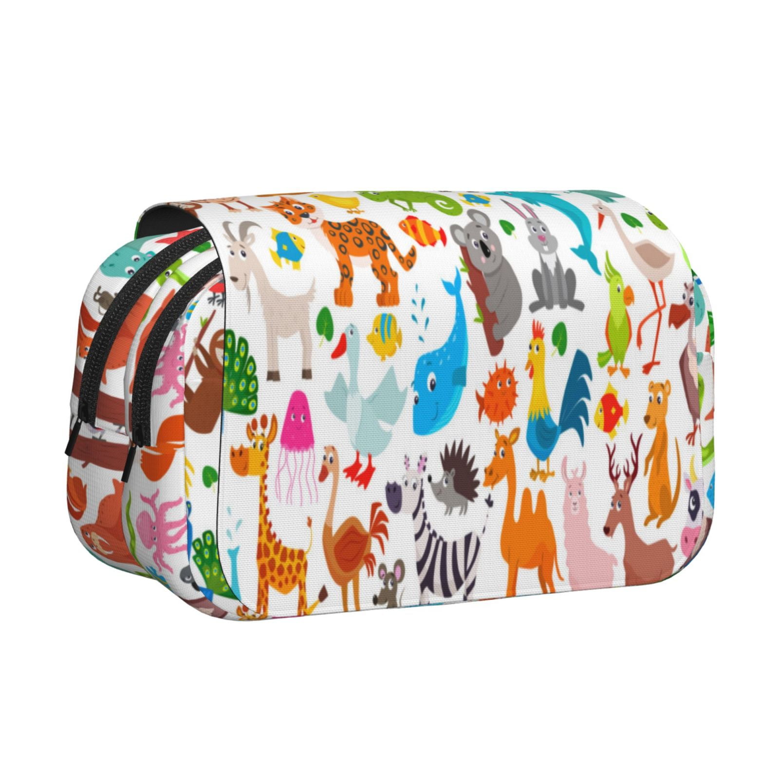 Rateoe Animals Pattern Double Clamshell Pen Case, Storage Organizer with Two Zipper Compartments– Holds Up to 50 Pencils & Pens