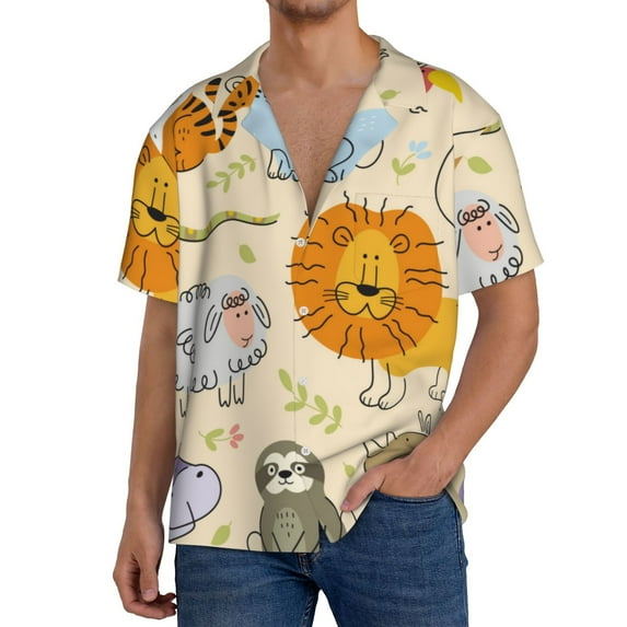 Rateoe Animals Pattern Men's Short Sleeve Classic Shirt, Casual Short-Sleeved Shirt, Lightweight Summer Shirt, Cuban Collar Shirt,Button-Front Shirt-3X-Large
