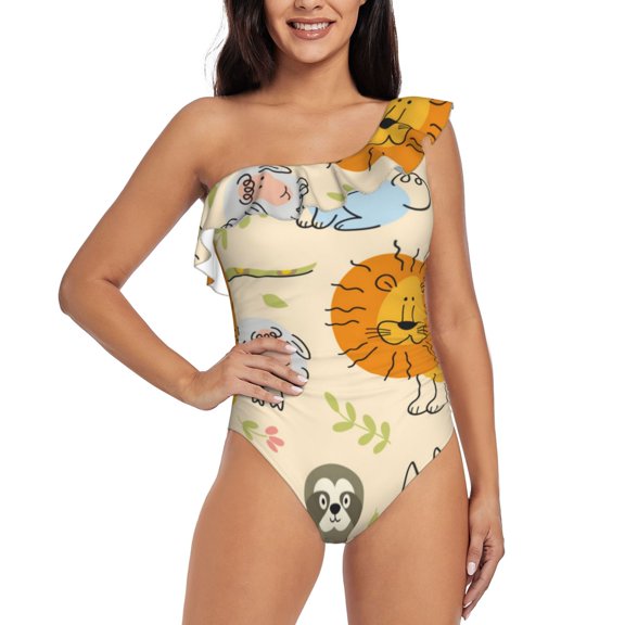 Rateoe Animals Pattern Women One Piece Swimsuits Tummy Control One Shoulder Bathing Suits Ruffle Swimwear-