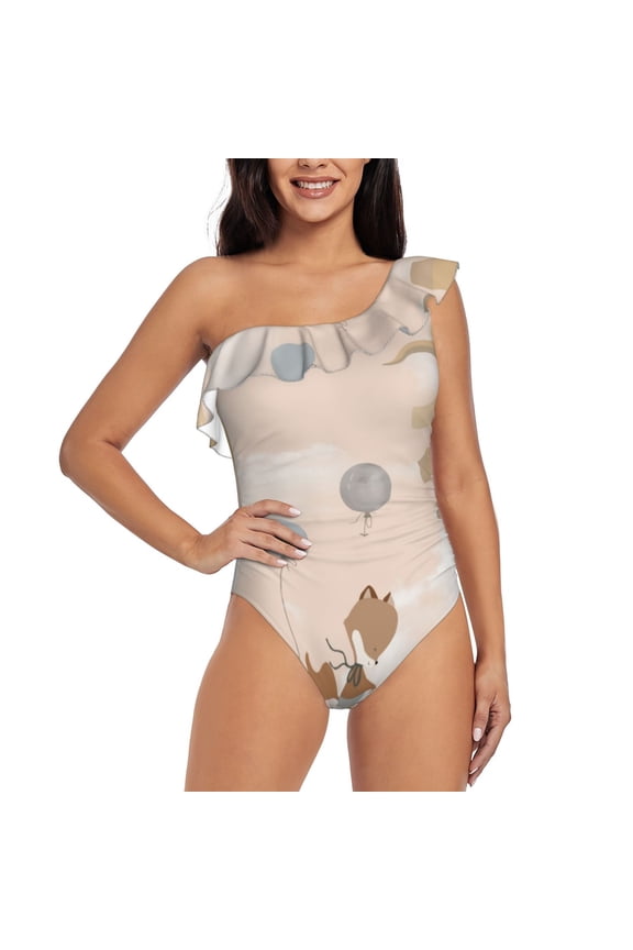 Animals Riding Across The Sky1 Pattern Women One Piece Swimsuits Tummy Control One Shoulder Bathing Suits Ruffle Swimwear-Small
