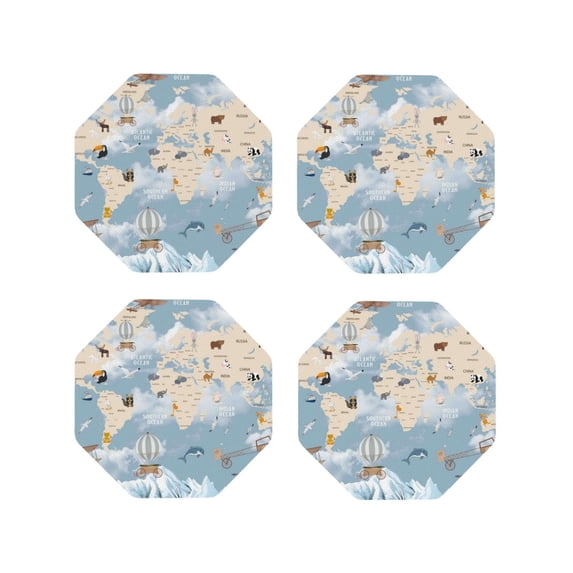 Rateoe Animals Travel World Map Drawing Drink Coasters Set of 4 Leather Coasters Spill Protection for Table Desk,Durable and Non Slip Leather Coaster ,4 Inches Drink Mats-Octagon