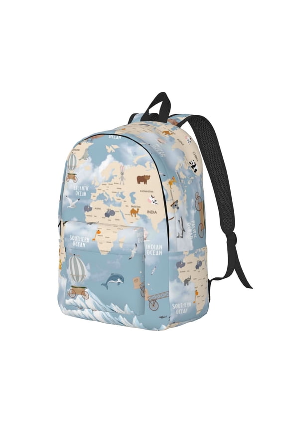 Animals Travel World Map Pattern Durable Canvas Backpack for Men & Women – Stylish & Lightweight – Adjustable Straps, Multiple Pockets – Fits 15-17 Inch LaptopsSmall