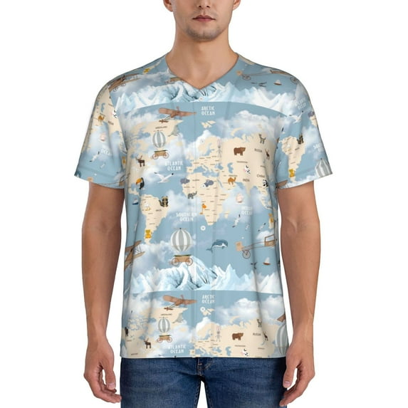Rateoe Animals Travel World Map Pattern Men’s Baseball Short Sleeve Polo Shirt, Midweight Men's Shirt Golf Shirt Polo Shirts Quick Dry Short-X-Large