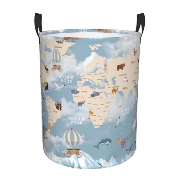 Rateoe Animals Travel World Map Pattern Round Laundry Hamper Basket, Tall Hamper Basket for Blanket Storage, Nursery Clothes Hamper for Laundry in Bedroom and College Dorm-Medium