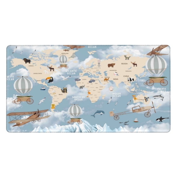 Rateoe Animals Travel World Map Print Mouse Pad - Extended Large Gaming Mousepad,Non-Slip Stitched Edge,16x29.5 Inch