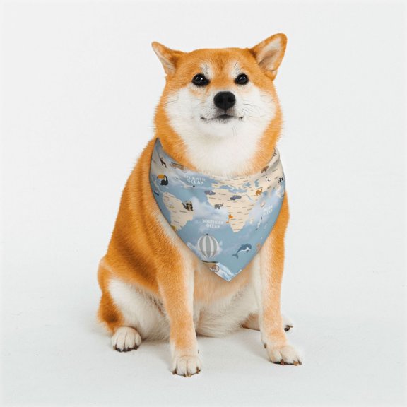 Rateoe Animals Travel World Map Print Pet Scarf for Dogs and Cats – Stylish Reflective Design, Breathable & Durable Pet Bandana with Quick-Release Buckle-Large