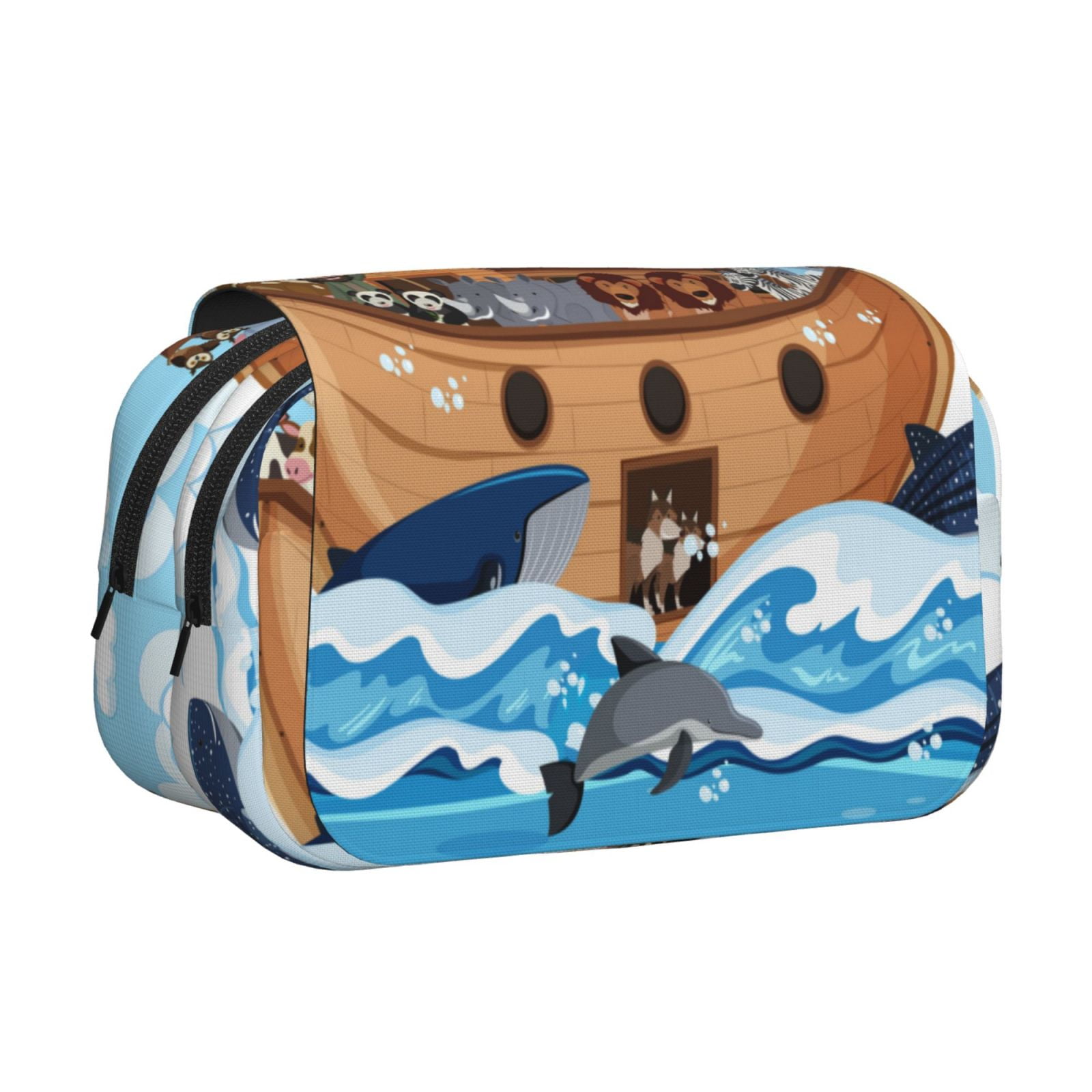 Rateoe Animals on Noah's Ark Pattern Double Clamshell Pen Case, Storage Organizer with Two Zipper Compartments– Holds Up to 50 Pencils & Pens