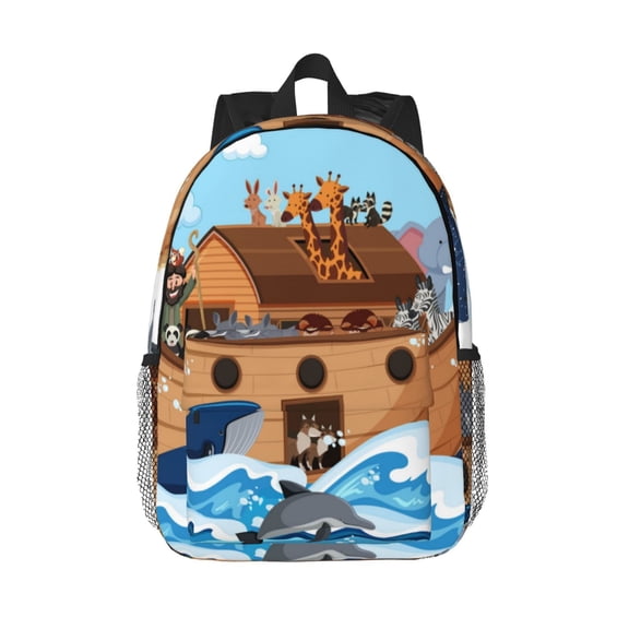 Rateoe Animals on Noah's Ark Pattern Student Backpack Water-resistant Backpack 15-inch Laptop Backpack Lightweight Adjustable School Backpack