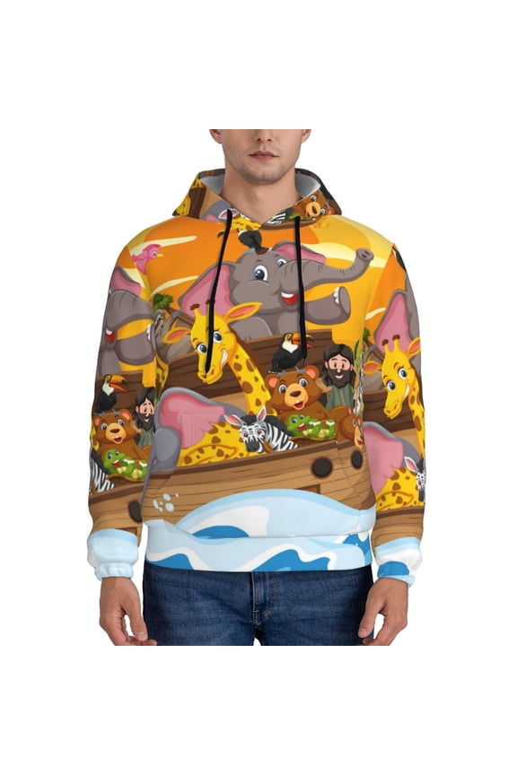 Animals on Noah's Ark1 Pattern Mens Hoodie, Pullover Hooded Sweatshirt, Kangaroo Pocket Hoodie Ideal for Daily Wear, Travel and Home-3X-Large
