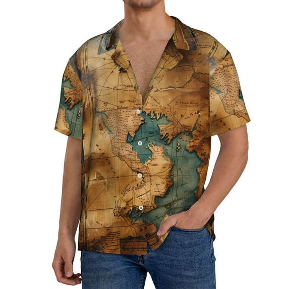 Rateoe Antique Map Adventure Scene Pattern Men's Short Sleeve Classic Shirt, Casual Short-Sleeved Shirt, Lightweight Summer Shirt, Cuban Collar Shirt,Button-Front Shirt-Small
