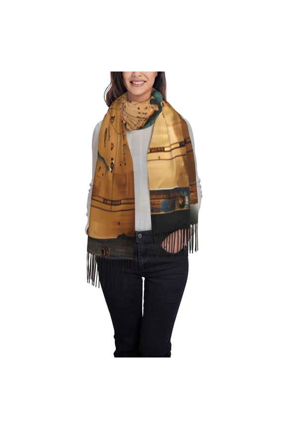 Antique Map Adventure Scene Women's Traditional Scarf Wrap Tassel Shawl Fringes Neck Head Shawl Retro Scarf