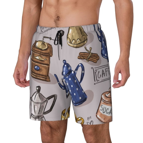 Rateoe Antique Vintage Teapot Coffee Grinder Pattern Men’s Swim Shorts with Compression Liner – Double-Layered Quick-Dry Swimwear, Comfortable & Stretchy Beach Shorts-Medium