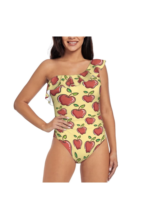 Apple Pattern Women One Piece Swimsuits Tummy Control One Shoulder Bathing Suits Ruffle Swimwear-