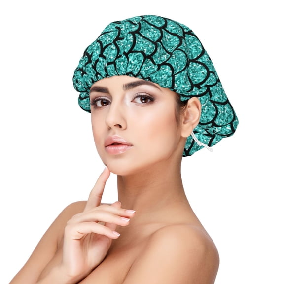 Rateoe Aquamarine Glitter Pattern Silk Satin Hair Bonnet for Sleeping, Adjustable Sleep Cap Turban for Women , Curly Straight Hair Long Large Braid