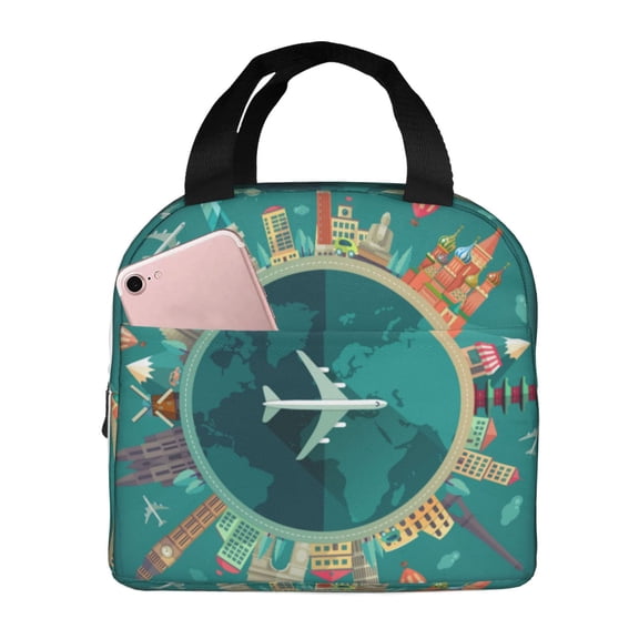 Rateoe Around The Planet Pattern Insulated Lunch Bag with Thick Aluminum Foil Lunch Tote Bag with Front Pocket for Men and Women, Ideal for Work, School, Picnics, and Travel