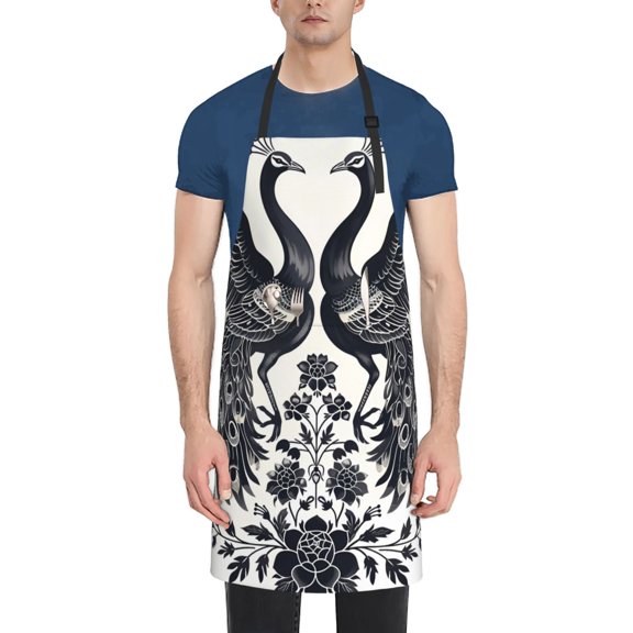 Rateoe Artistic Black White Peacocks Aprons with Pocket,Men Womens Aprons Waterproof Adjustable Cooking Aprons for Kitchen Gardening and Salon